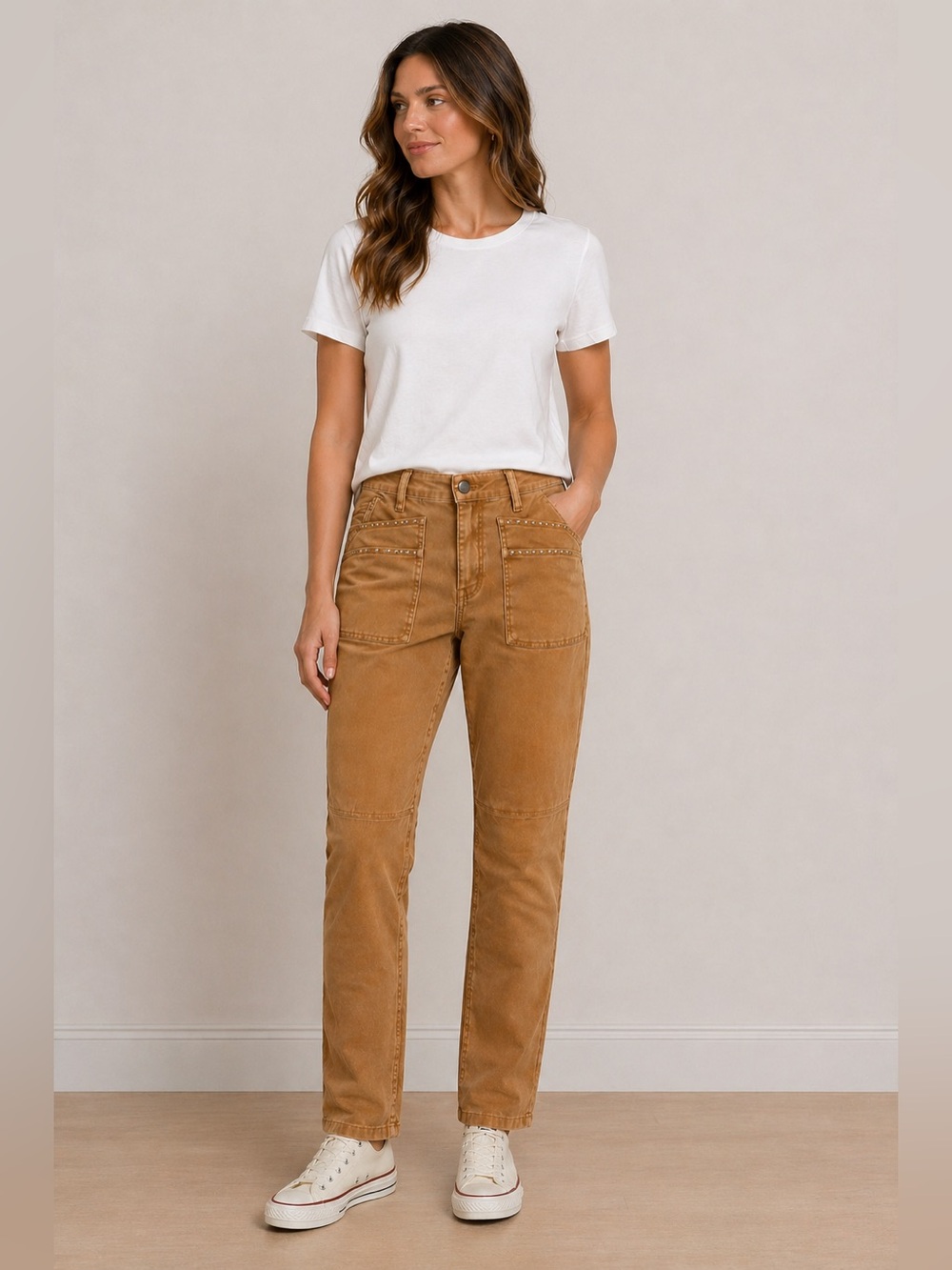 FDJ Olivia Slim Ankle Pants Camel Utility Stud Detail Size 6 NWT - Picture 11 of 11